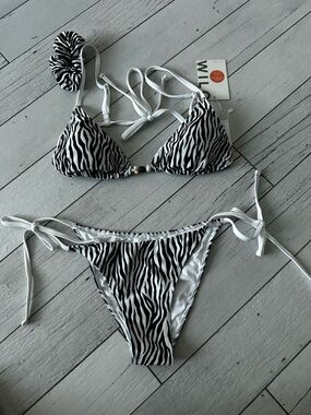 Zebra Print Tie-Side Triangle Bikini Top and Bottom - Black/White